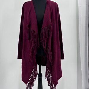 Isaac Mizrahi cashmere Burgundy Fringe Waterfall Cardigan Sweater Women's XS